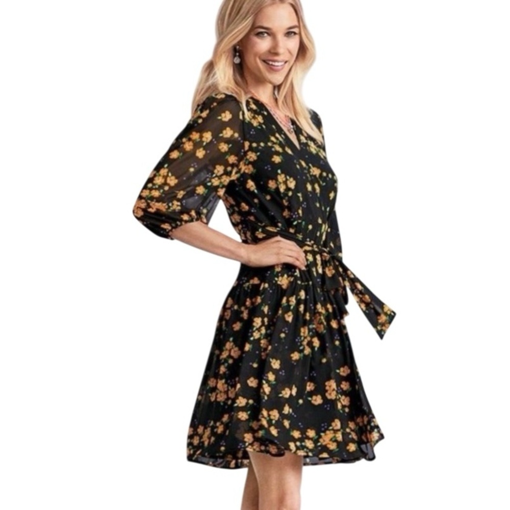 CAbi Debut Wrap Dress Fiesta Floral Black & Orange #5945 Charming Dress Size XS